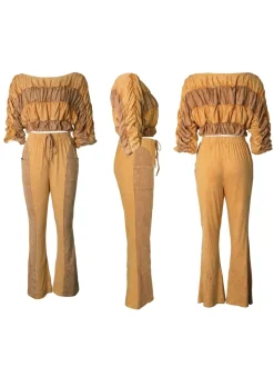 Two Pieces Solid Color Ruched Pants Set