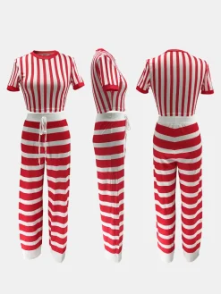 Two Pieces Striped Crop Top Wide Leg Pants