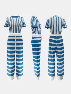 Two Pieces Striped Crop Top Wide Leg Pants