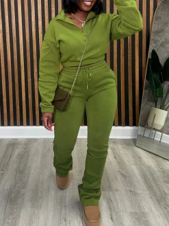 Two Pieces Zip Up Drawstring Pants Sets