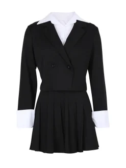 Two-Piece Blazer Shirt Collar Pleated Skirt Set
