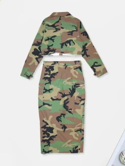 Two-Piece Camouflage Print Long Sleeve Midi Skirt Set