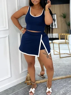 Two-Piece Contrast Trim Crop Top Skirt Shorts Set