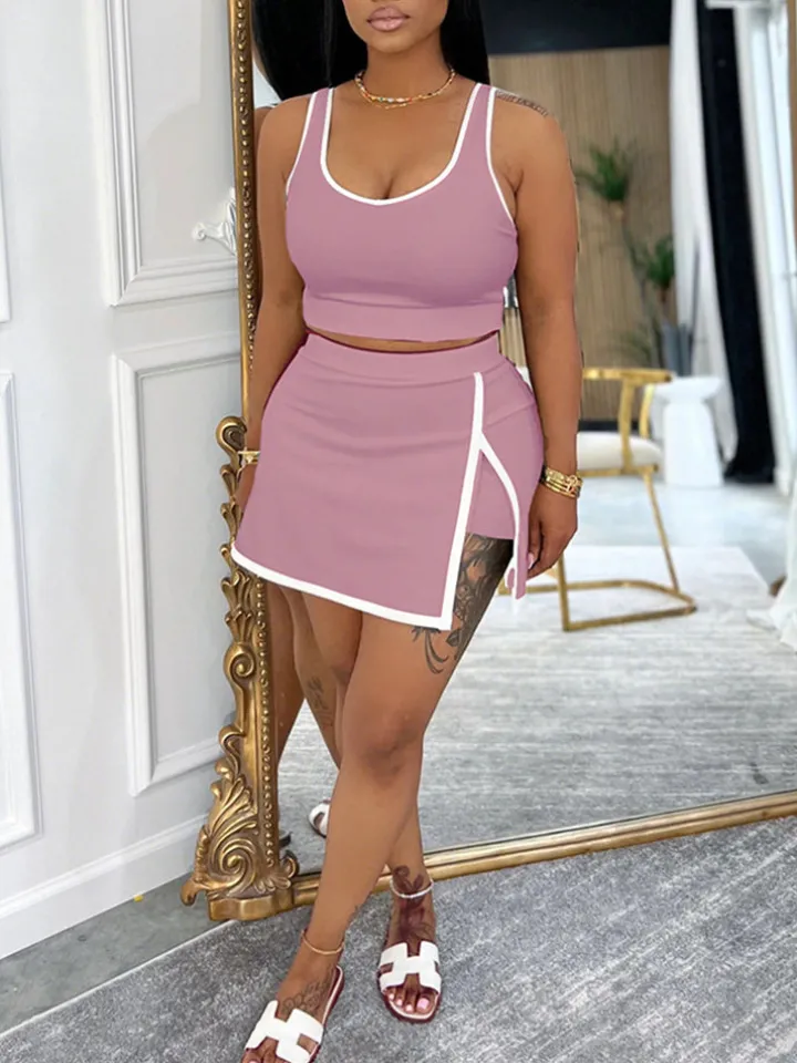 Two-Piece Contrast Trim Crop Top Skirt Shorts Set