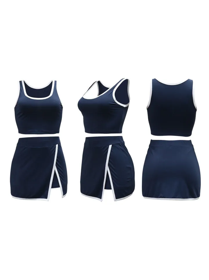 Two-Piece Contrast Trim Crop Top Skirt Shorts Set