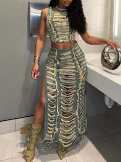 Two-Piece Distressed Denim Tank Top Split Skirt