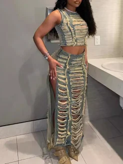 Two-Piece Distressed Denim Tank Top Split Skirt