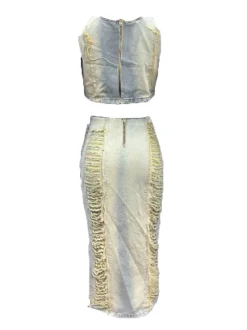 Two-Piece Distressed Denim Tank Top Split Skirt