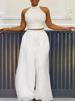 Two-Piece Halter Neck Top Wide Leg Pants Set