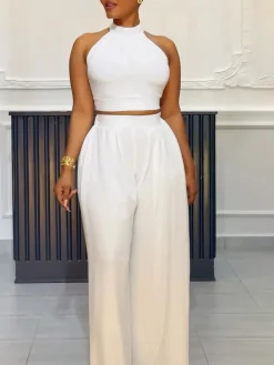 Two-Piece Halter Neck Top Wide Leg Pants Set