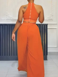 Two-Piece Halter Neck Top Wide Leg Pants Set