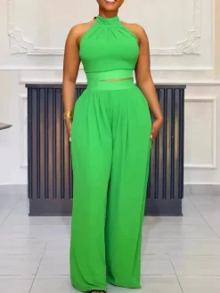 Two-Piece Halter Neck Top Wide Leg Pants Set