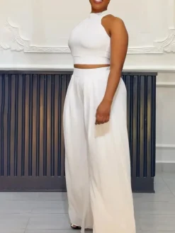 Two-Piece Halter Neck Top Wide Leg Pants Set