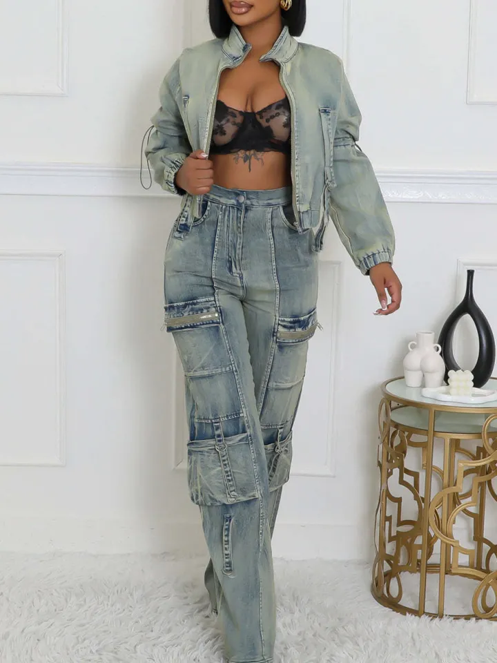 Two-Piece Multi-Pocket Denim Set