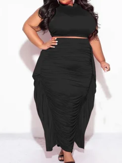 Two-Piece Plus Size Solid Color Fringe Skirt Set
