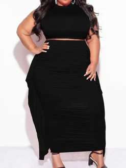 Two-Piece Plus Size Solid Color Fringe Skirt Set