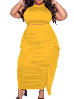 Two-Piece Plus Size Solid Color Fringe Skirt Set