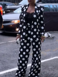 Two-Piece Polka Dot Print Pants Set with Belt