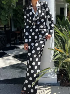 Two-Piece Polka Dot Print Pants Set with Belt