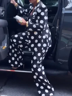 Two-Piece Polka Dot Print Pants Set with Belt