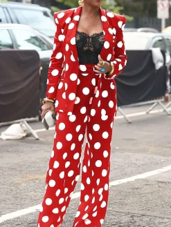 Two-Piece Polka Dot Print Pants Set with Belt