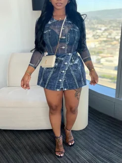 Two-Piece Printed Mesh Top Skirt Set