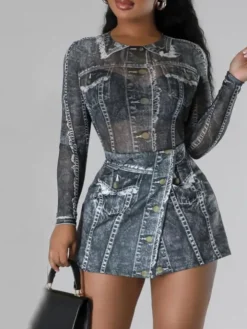 Two-Piece Printed Mesh Top Skirt Set