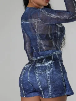 Two-Piece Printed Mesh Top Skirt Set