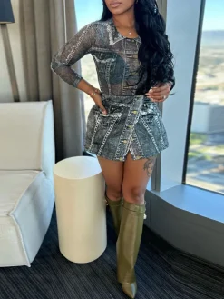 Two-Piece Printed Mesh Top Skirt Set