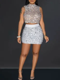 Two-Piece Rhinestone Skirt Set