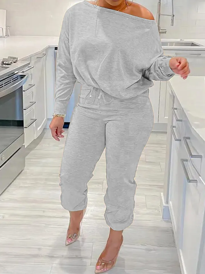 Two-Piece Solid Color Off-Shoulder Sweatshirt Set