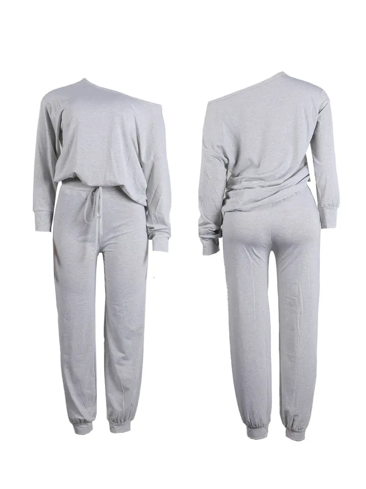 Two-Piece Solid Color Off-Shoulder Sweatshirt Set