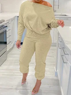 Two-Piece Solid Color Off-Shoulder Sweatshirt Set