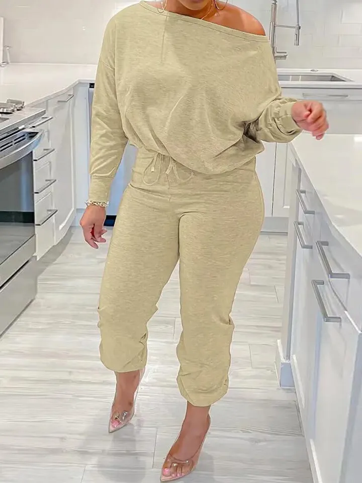 Two-Piece Solid Color Off-Shoulder Sweatshirt Set