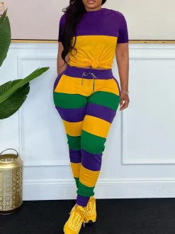 Two-Piece Striped Short Sleeve Top Pants Set