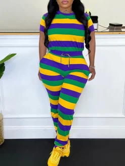 Two-Piece Striped Short Sleeve Top Pants Set
