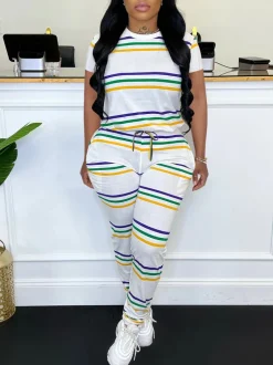 Two-Piece Striped Short Sleeve Top Pants Set
