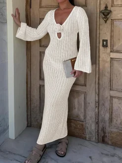 V Neck Backless Knit Beach Maxi Dress