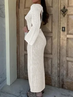 V Neck Backless Knit Beach Maxi Dress