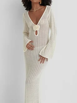 V Neck Backless Knit Beach Maxi Dress