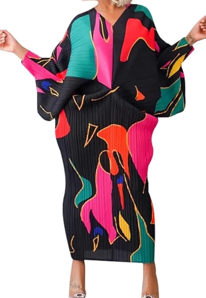 V Neck Bat Sleeve Floral Printed Dress