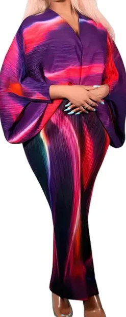 V Neck Bat Sleeve Floral Printed Dress