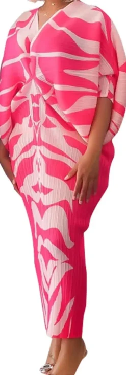 V Neck Bat Sleeve Floral Printed Dress