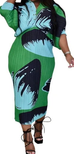 V Neck Bat Sleeve Floral Printed Dress