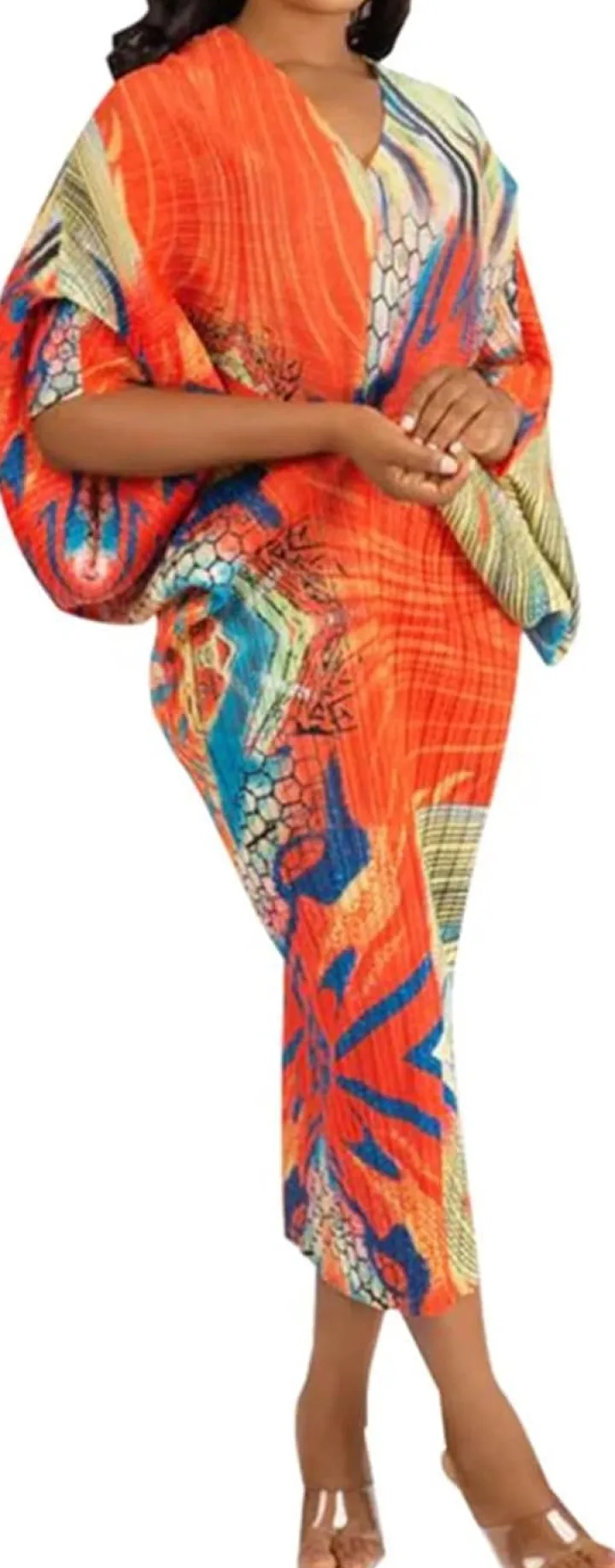 V Neck Bat Sleeve Floral Printed Dress