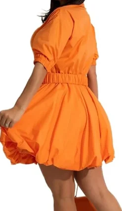 V Neck Button Down Split Puff Sleeve Dress