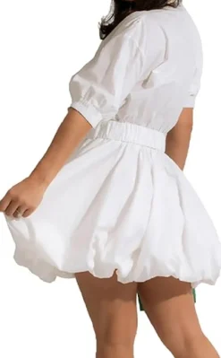 V Neck Button Down Split Puff Sleeve Dress