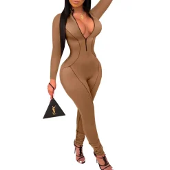 V Neck Long Sleeve Bodycon Jumpsuit