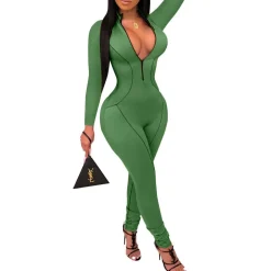 V Neck Long Sleeve Bodycon Jumpsuit