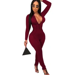 V Neck Long Sleeve Bodycon Jumpsuit